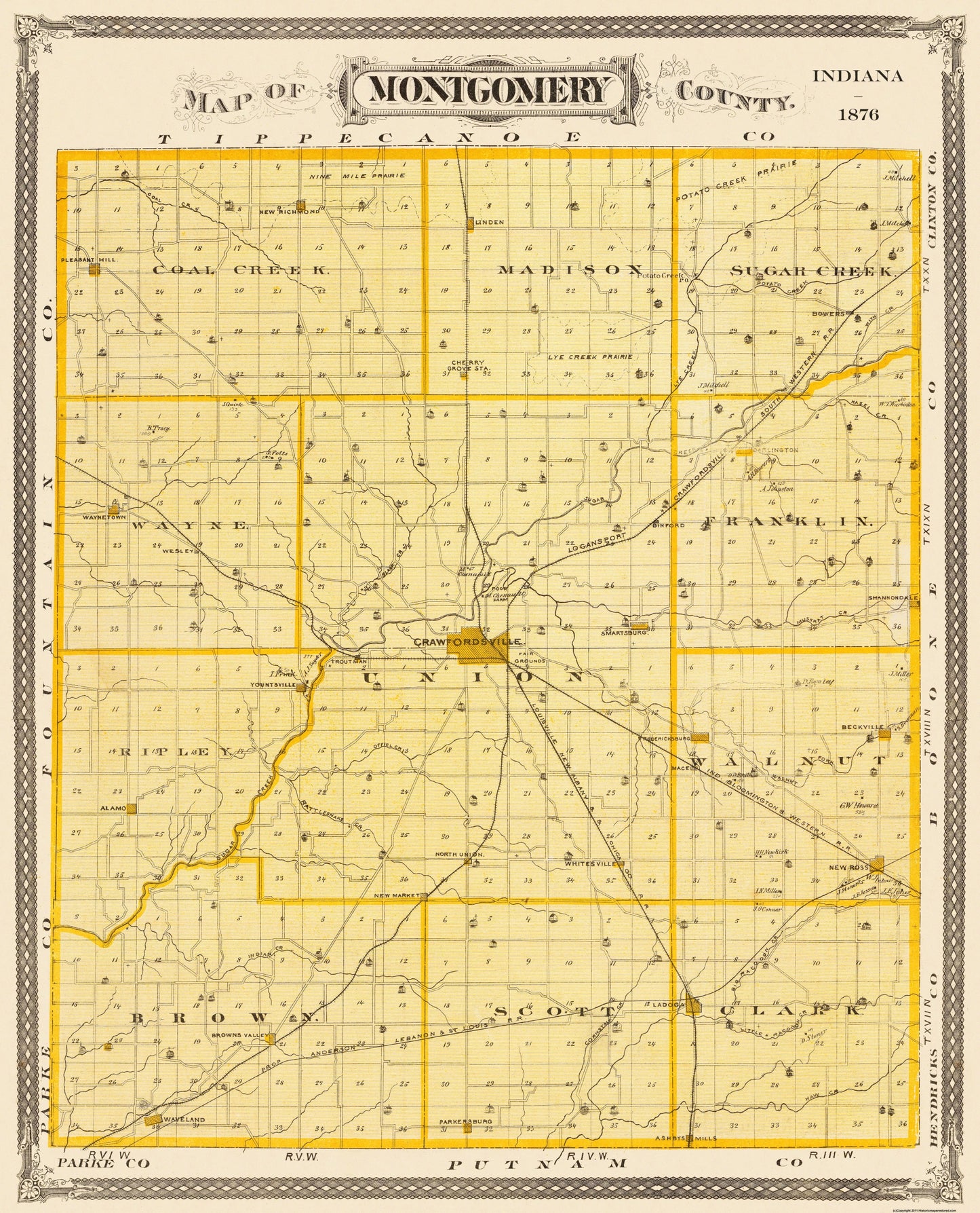 Historic County Map - Montgomery County Indiana - Andreas 1876 - 23 x 28.44 - Vintage Wall Art