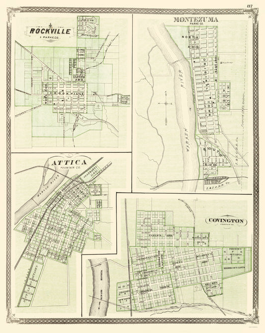 Historic City Map - Rockville Montezuma Attica Covington Indiana - Baskin 1876 - 23 x 28 - Vintage Wall Art