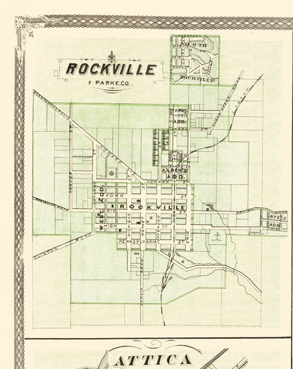 Historic City Map - Rockville Montezuma Attica Covington Indiana - Baskin 1876 - 23 x 28 - Vintage Wall Art