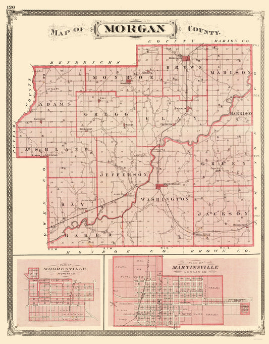 Historic County Map - Morgan County Indiana - Baskin 1876 - 23 x 29.35 - Vintage Wall Art