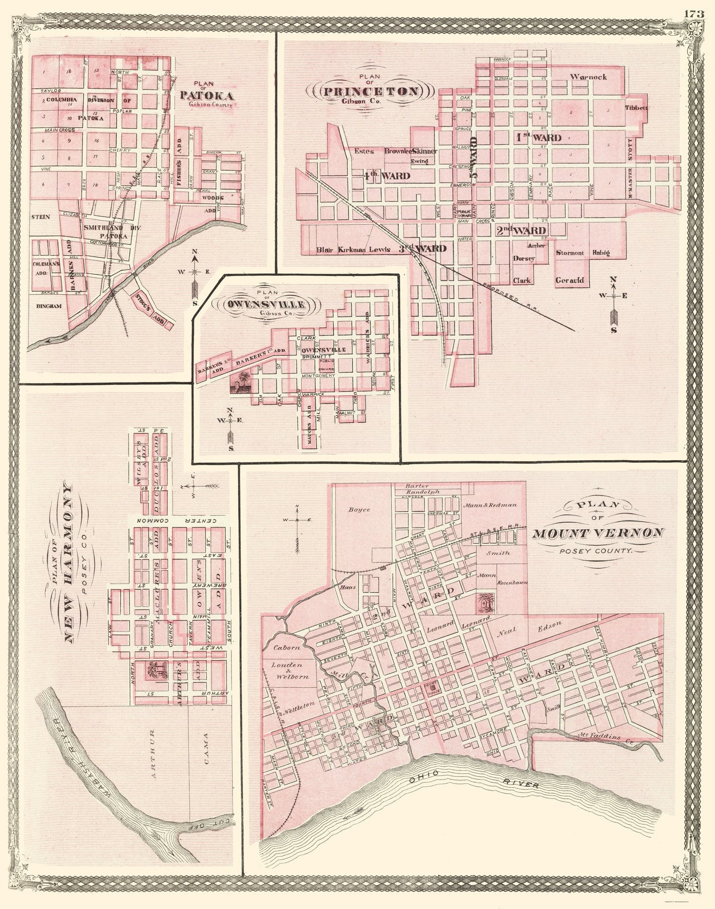 Historic City Map - Mount Vernon New Harmony Princeton Patoka Indiana - Baskin 1876 - 23x29 - Vintage Wall Art