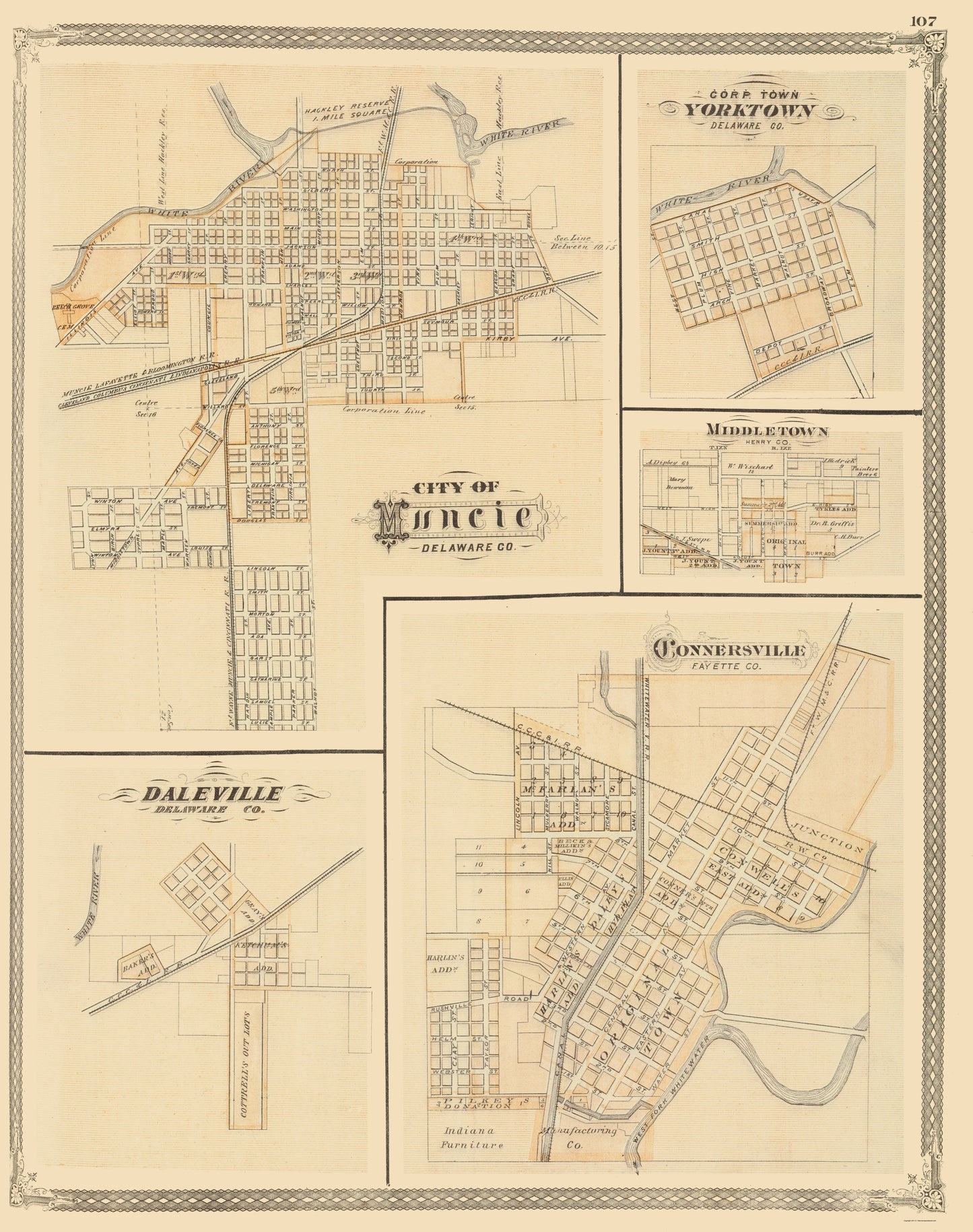 Historic City Map - Muncie Yorktown Daleville Middletown Indiana - Baskin 1876 - 23 x 29.12 - Vintage Wall Art