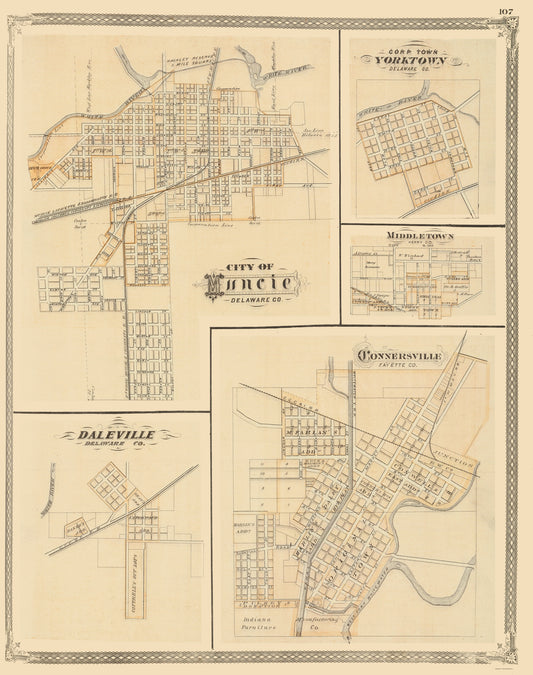 Historic City Map - Muncie Yorktown Daleville Middletown Indiana - Baskin 1876 - 23 x 29.12 - Vintage Wall Art