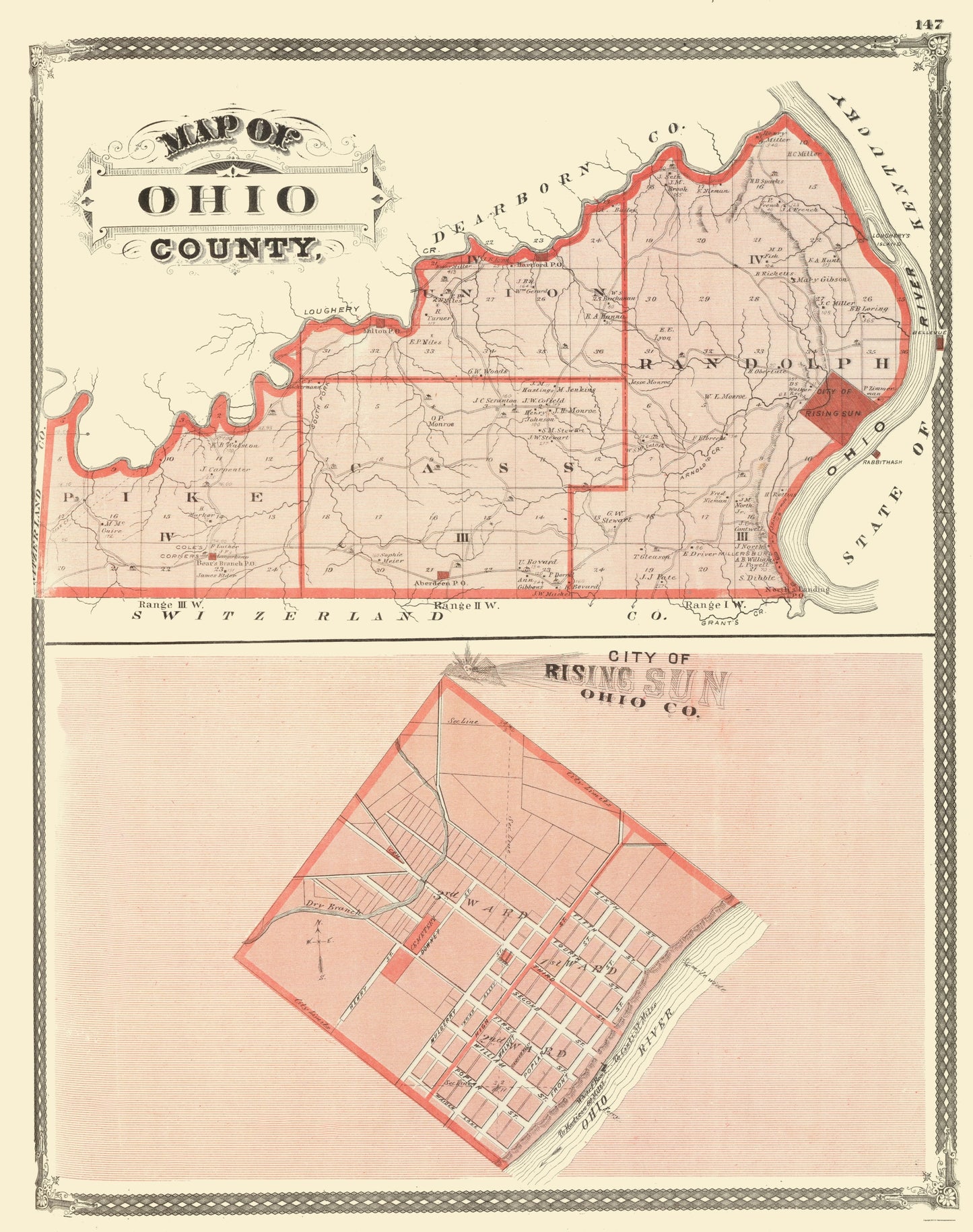 Historic County Map - Ohio County Indiana - Baskin 1876 - 23 x 29.12 - Vintage Wall Art