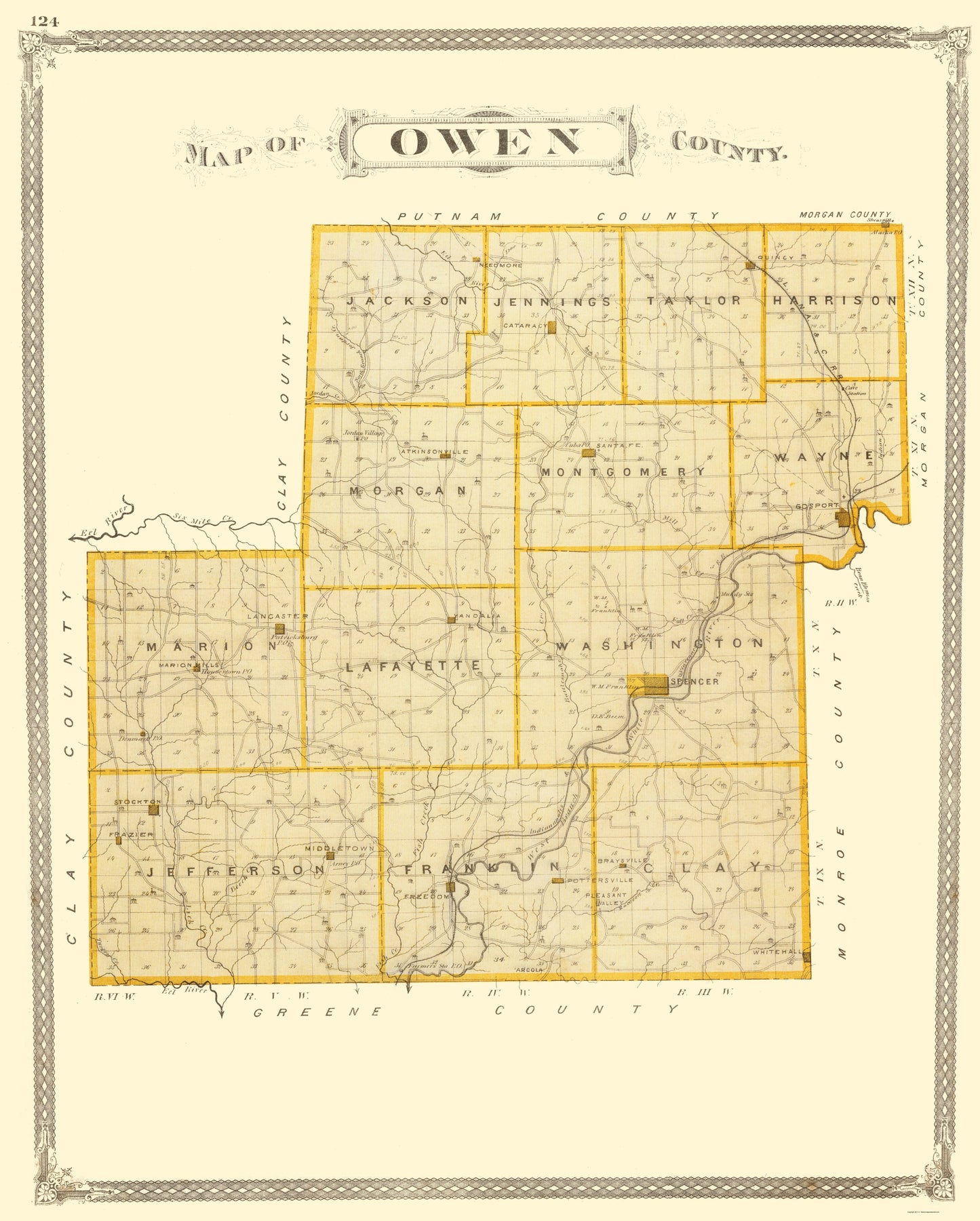 Historic County Map - Owen County Indiana - Baskin 1876 - 23 x 28.65 - Vintage Wall Art