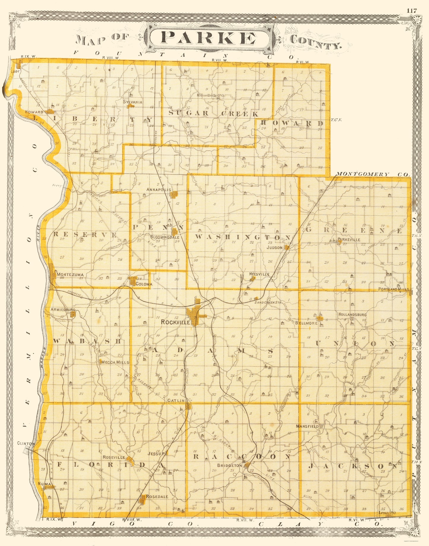 Historic County Map - Parke County Indiana - Baskin 1876 - 23 x 29.22 - Vintage Wall Art