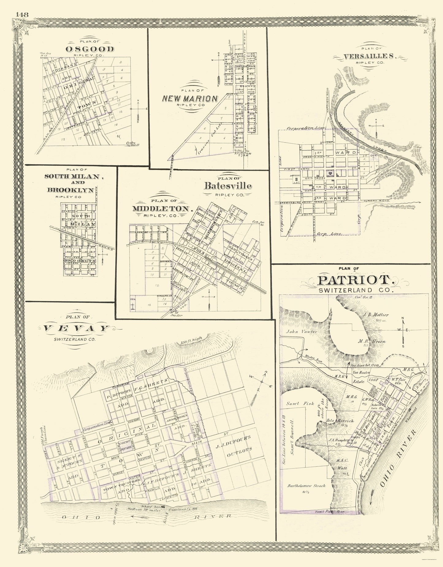 Historic City Map - Patriot Osgood New Marion Versailles Indiana - Baskin 1876 - 23 x 29 - Vintage Wall Art