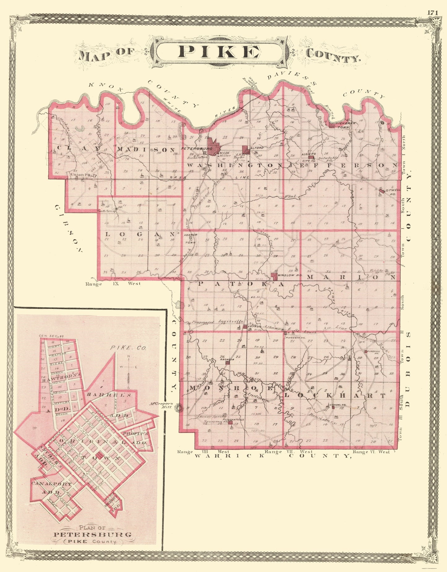 Historic County Map - Pike County Indiana - Baskin 1876 - 23 x 29.48 - Vintage Wall Art