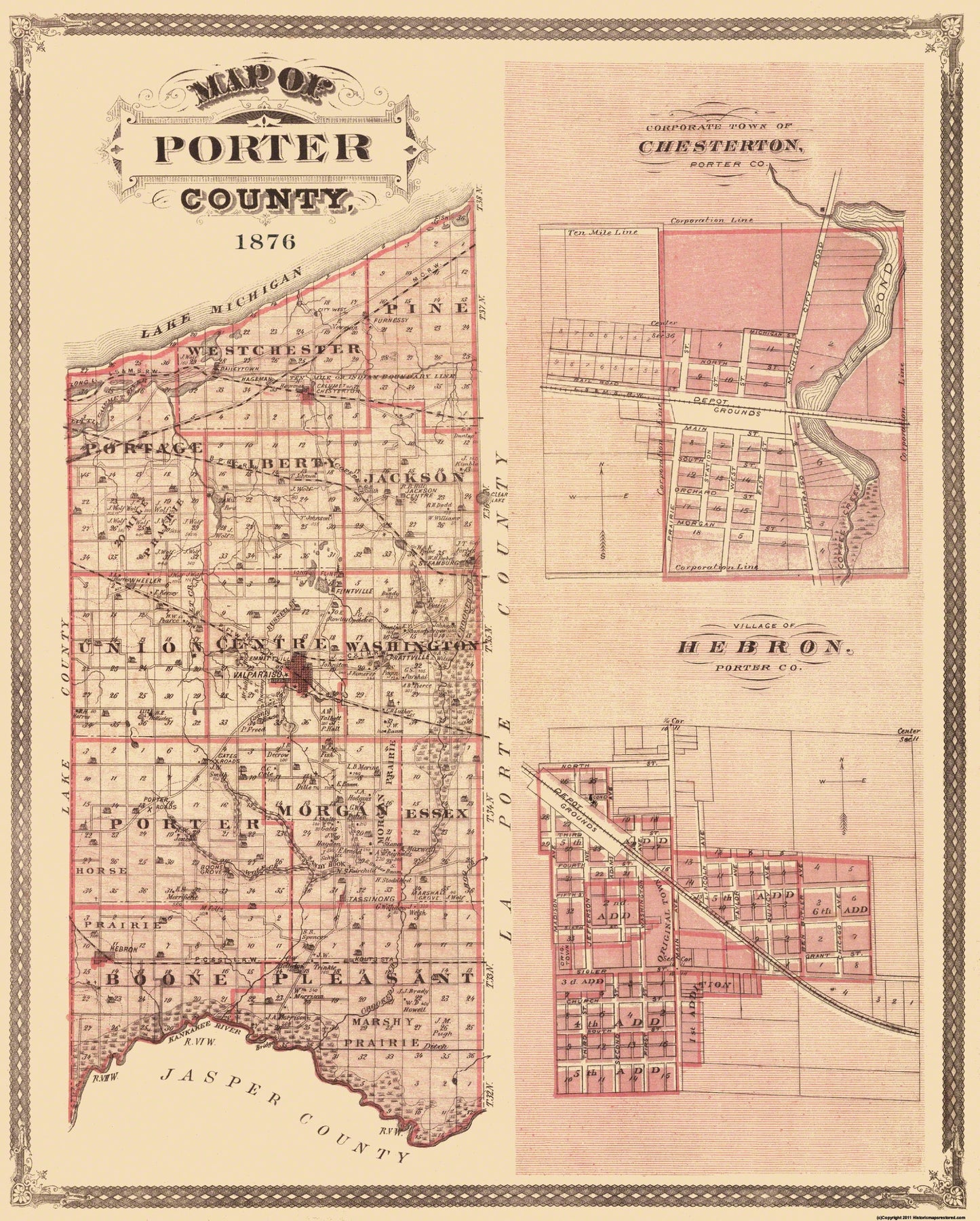 Historic County Map - Porter County Indiana - Andreas 1876 - 23 x 28.69 - Vintage Wall Art