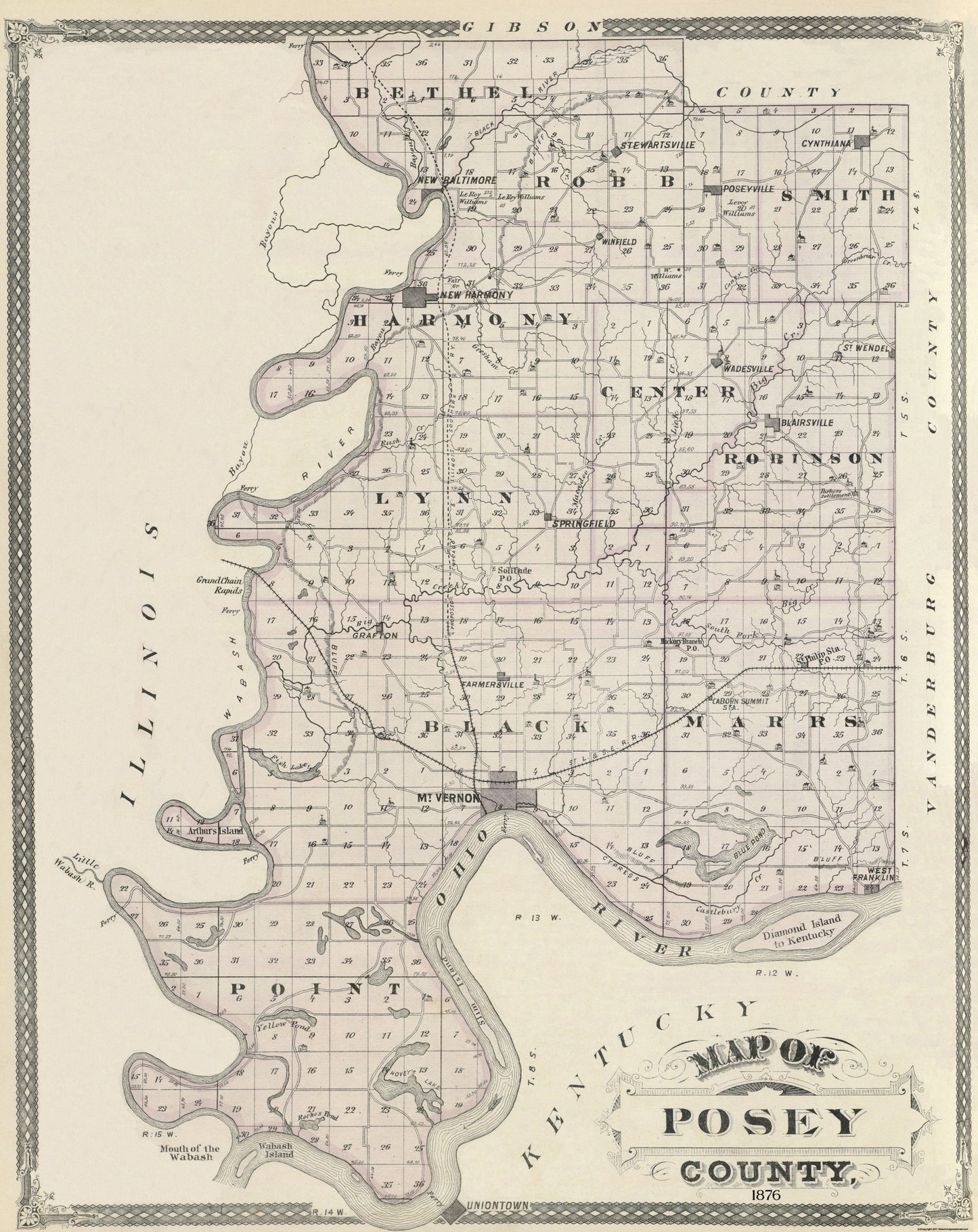 Historic County Map - Posey County Indiana - Andreas 1876 - 23 x 29 - Vintage Wall Art