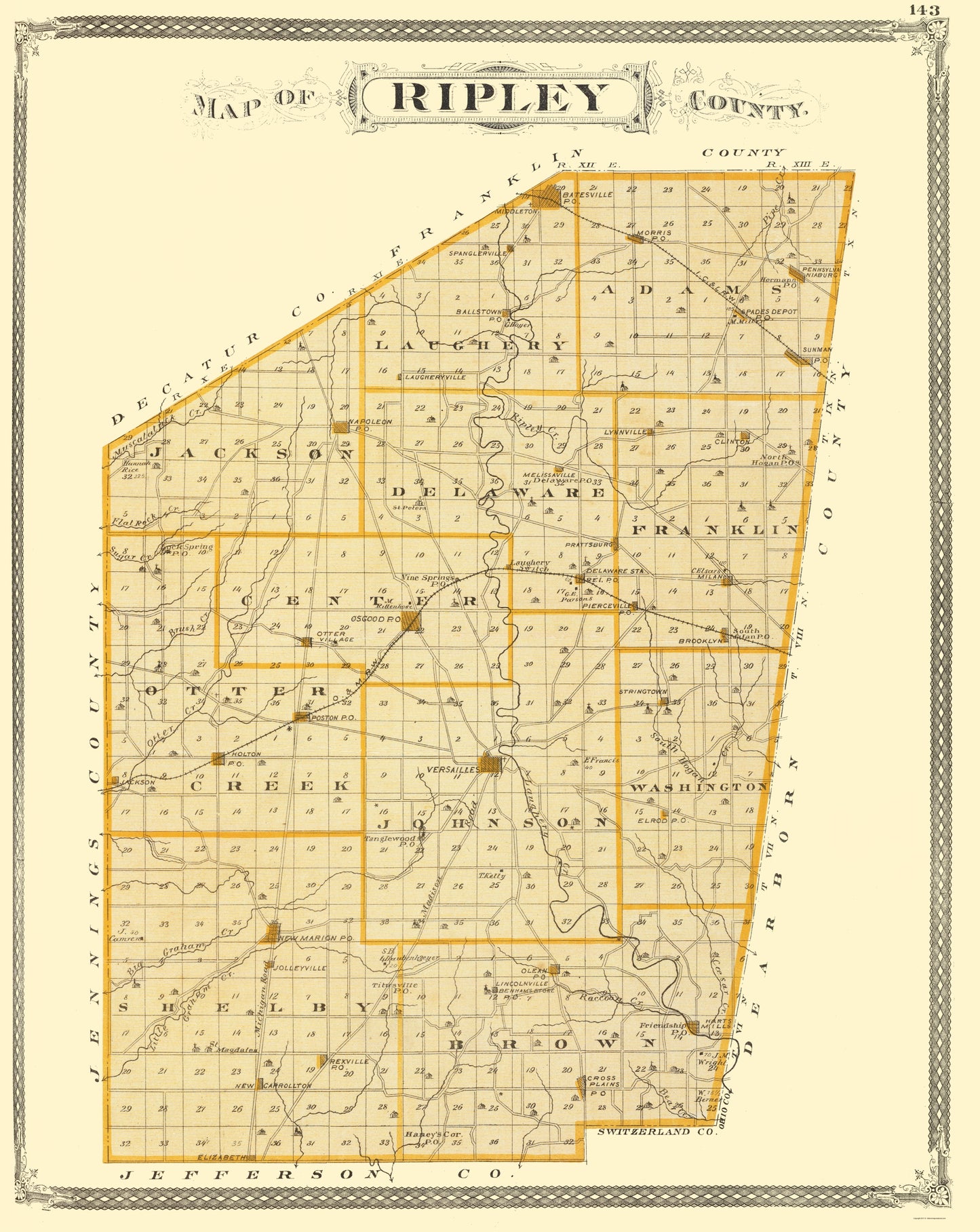 Historic County Map - Ripley County Indiana - Baskin 1876 - 23 x 28.91 - Vintage Wall Art