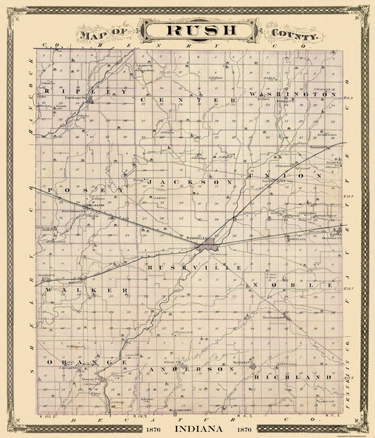 Historic County Map - Rush County Indiana - Andreas 1876 - 23 x 26.88 - Vintage Wall Art
