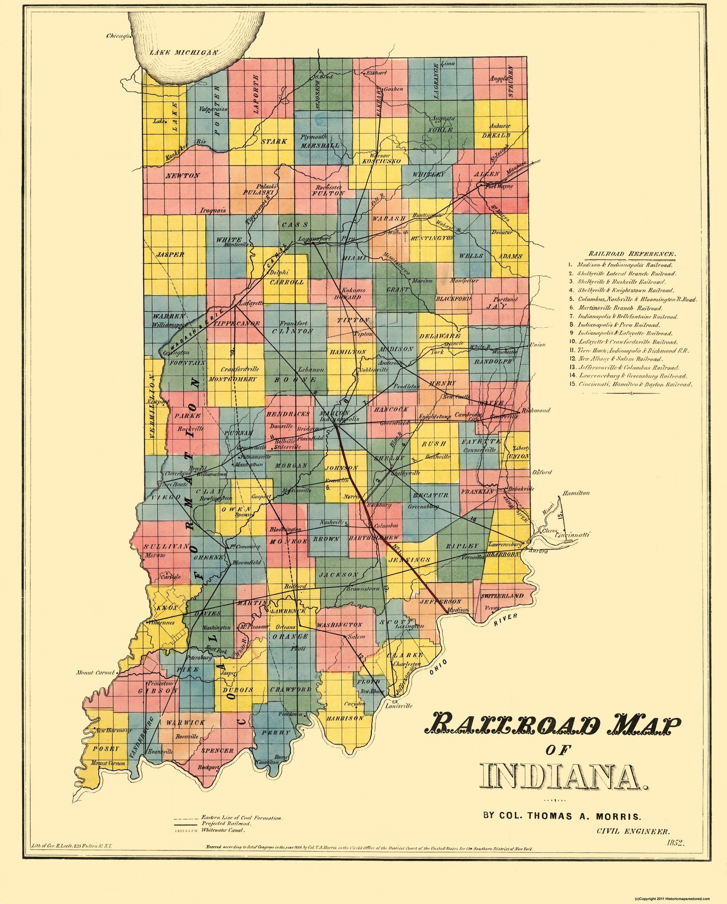 Railroad Map - Indiana Railroads - Morris 1852 - 23 x 28.56 - Vintage Wall Art