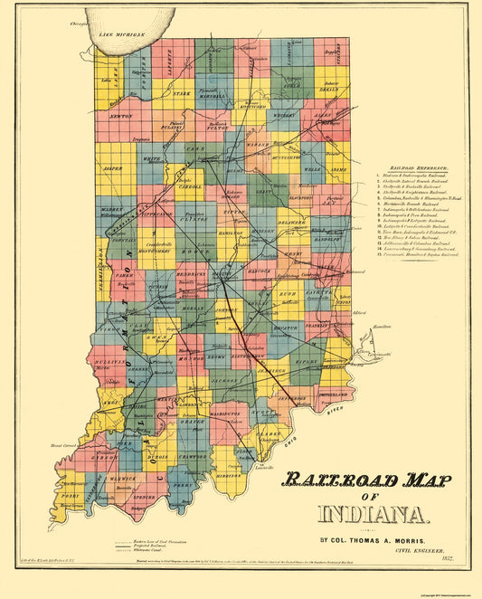 Railroad Map - Indiana Railroads - Morris 1852 - 23 x 28.56 - Vintage Wall Art