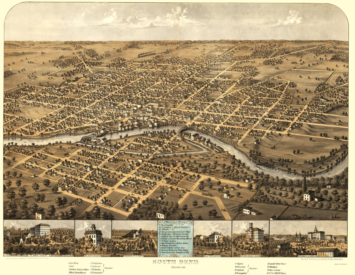 Historic Panoramic View - South Bend Indiana - Ruger 1866 - 23 x 29.61 - Vintage Wall Art