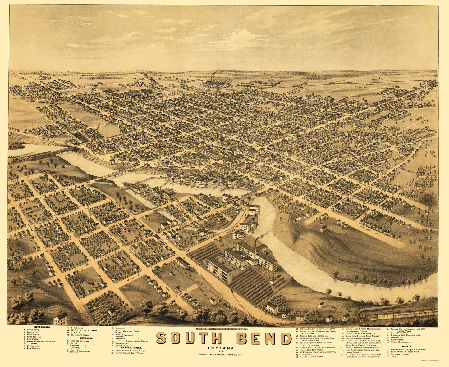 Historic Panoramic View - South Bend Indiana - Stoner 1874 - 23 x 28.11 - Vintage Wall Art