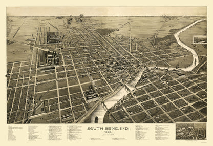 Historic Panoramic View - South Bend Indiana - Pauli 1890 - 23 x 33.57 - Vintage Wall Art