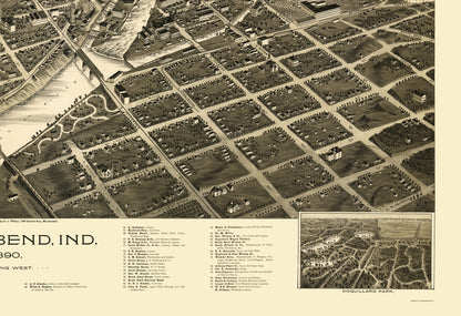 Historic Panoramic View - South Bend Indiana - Pauli 1890 - 23 x 33.57 - Vintage Wall Art