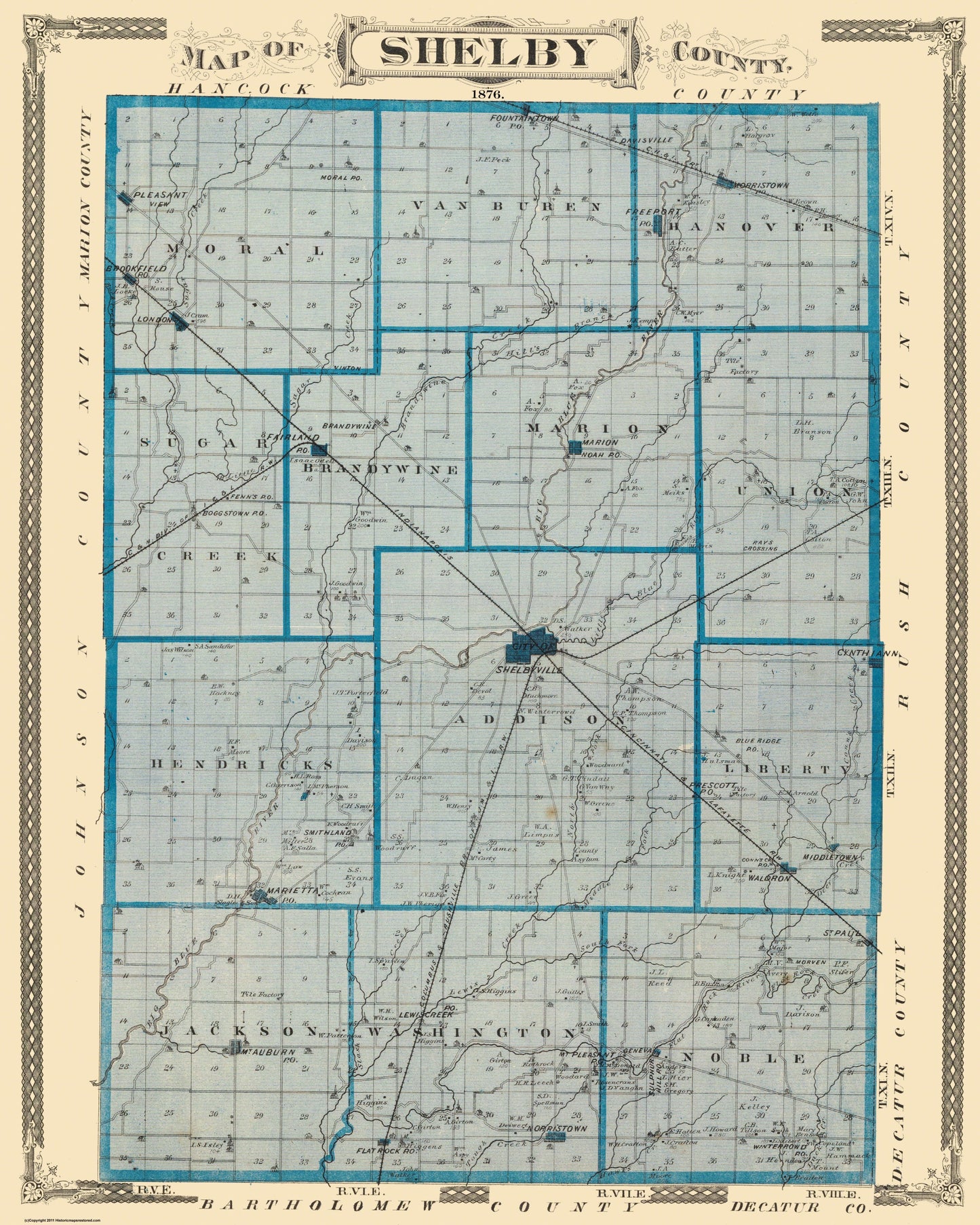 Historic County Map - Shelby County Indiana - Andreas 1876 - 23 x 28.75 - Vintage Wall Art