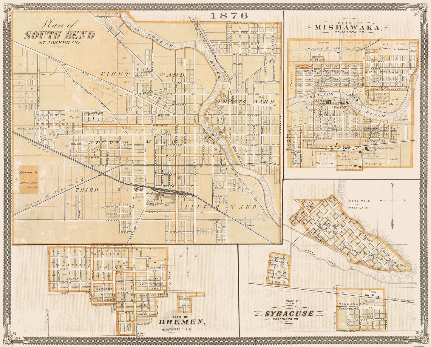 Historic City Map - South Bend Mishawaka Bremen Indiana - Baskin 1876 - 28x23 - Vintage Wall Art