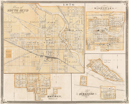 Historic City Map - South Bend Mishawaka Bremen Indiana - Baskin 1876 - 28x23 - Vintage Wall Art