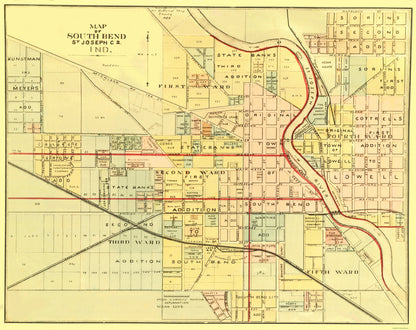 Historic City Map - South Bend Indiana - Higgins 1875 - 23 x 29.00 - Vintage Wall Art