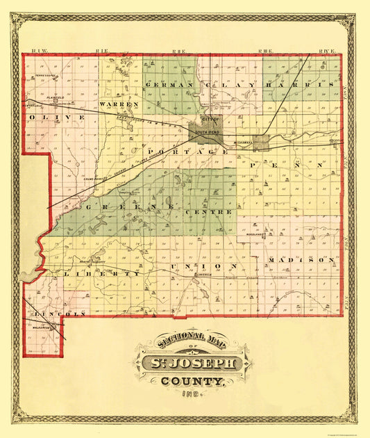 Historic County Map - St Joseph County Indiana - Higgins 1875 - 23 x 27.20 - Vintage Wall Art