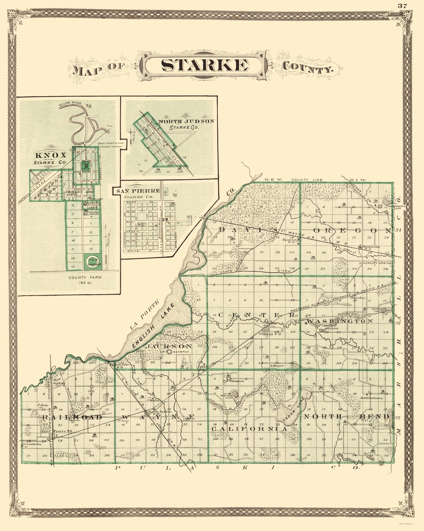 Historic County Map - Starke County Indiana - Baskin 1876 - 23 x 28.83 - Vintage Wall Art