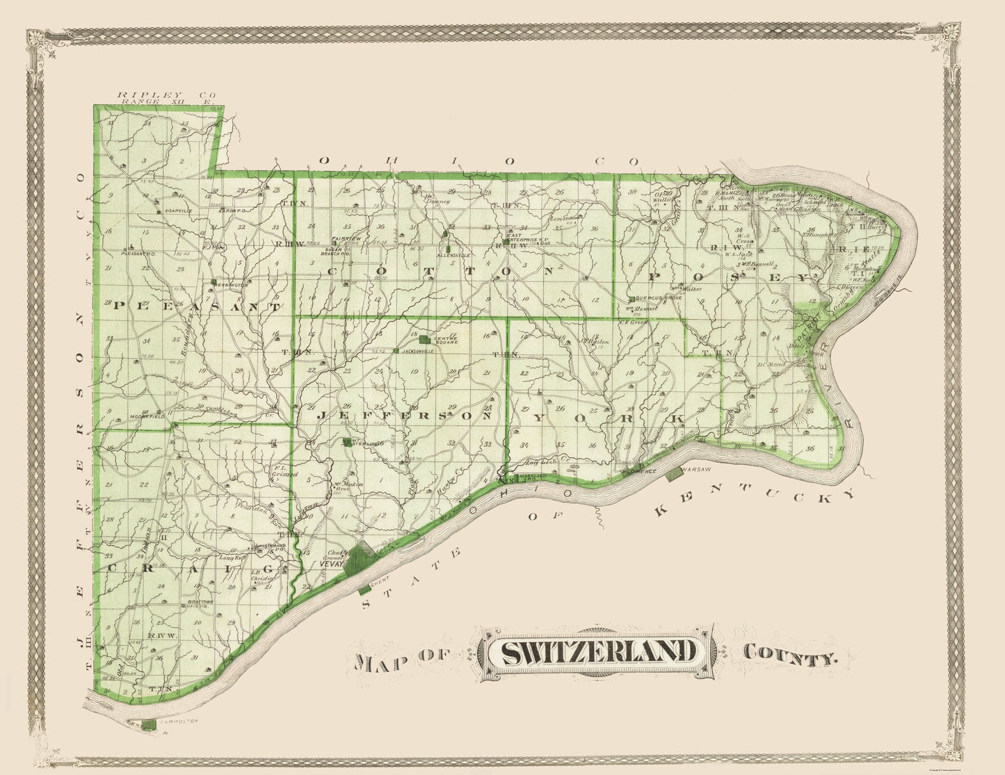 Historic County Map - Switzerland County Indiana - Andreas 1876 - 23 x 29.80 - Vintage Wall Art