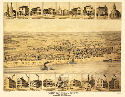 Historic Panoramic View - Tell City Indiana - Strobridge 1870 - 23 x 29.70 - Vintage Wall Art