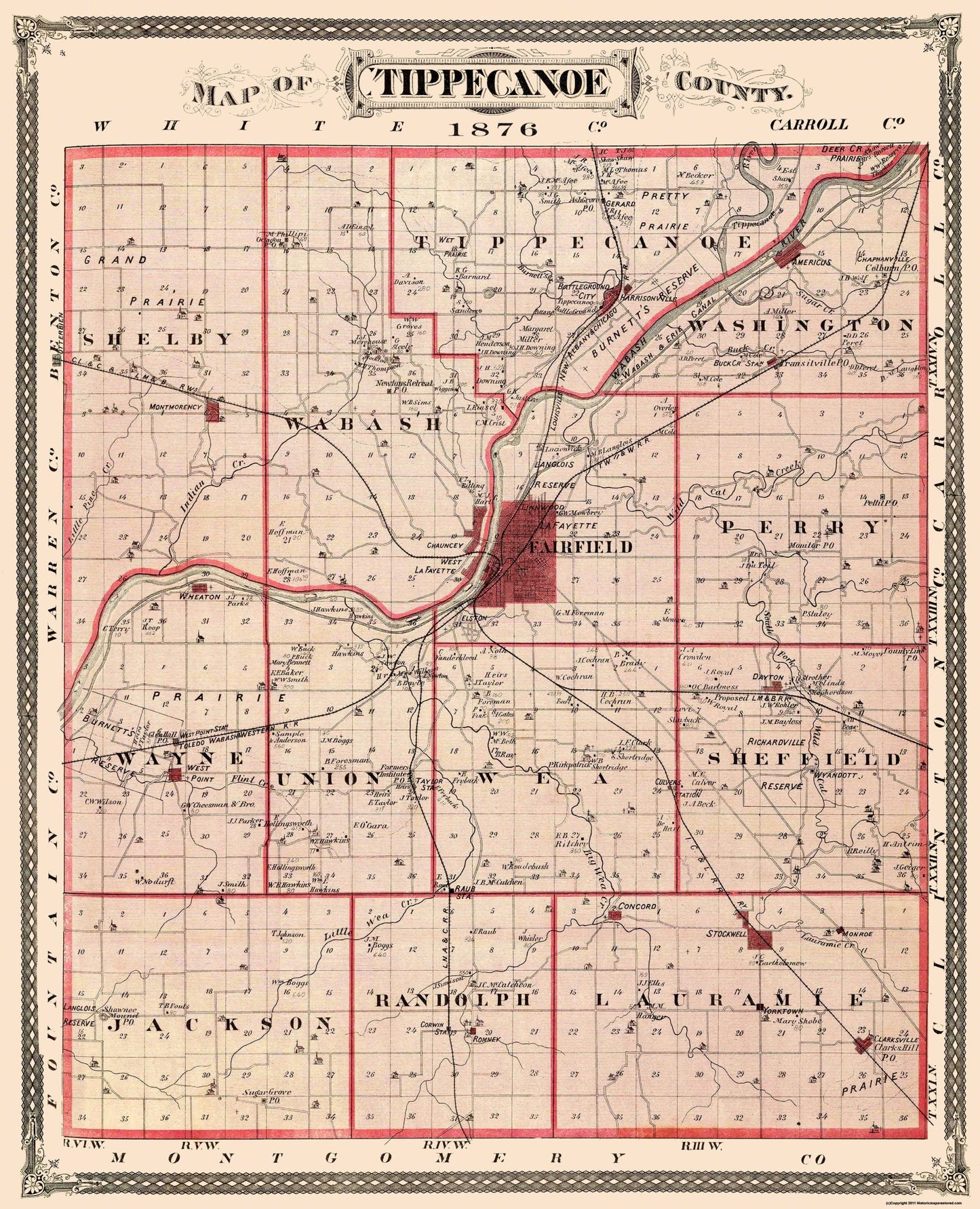 Historic County Map - Tippecanoe County Indiana - Andreas 1876 - 23 x 28.38 - Vintage Wall Art