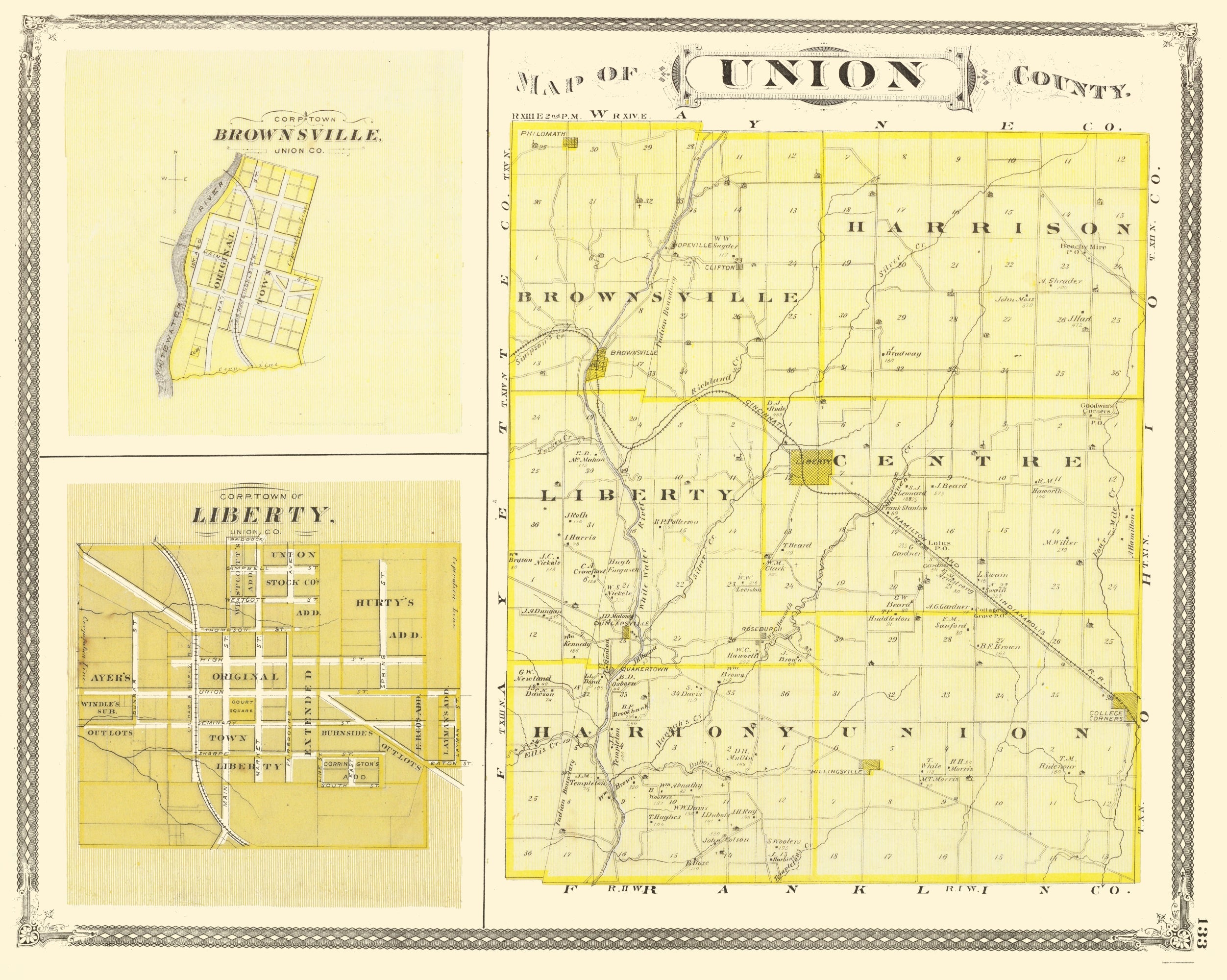 Union Indiana Historic County Map - Union County Indiana - Baskin 1876 - Vintage Wal ...