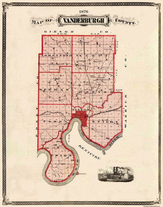 Historic County Map - Vanderburgh County Indiana - Andreas 1876 - 23 x 29.19 - Vintage Wall Art