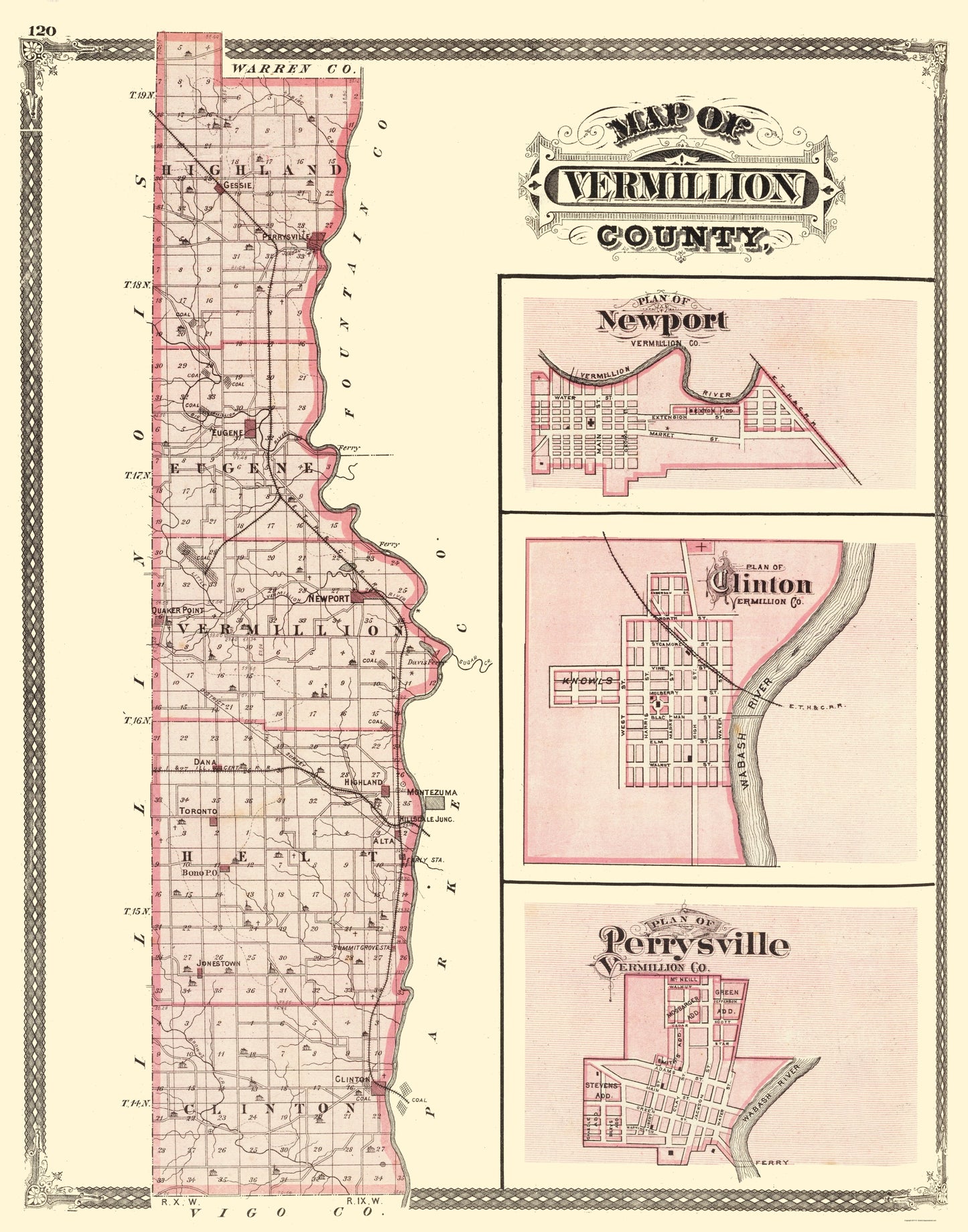 Historic County Map - Vermillion County Indiana - Baskin 1876 - 23 x 29.29 - Vintage Wall Art