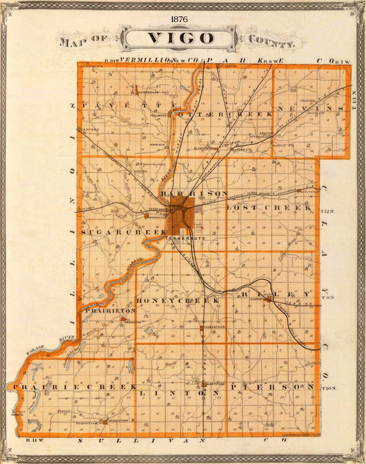 Historic County Map - Vigo County Indiana - Andreas 1876 - 23 x 29.13 - Vintage Wall Art