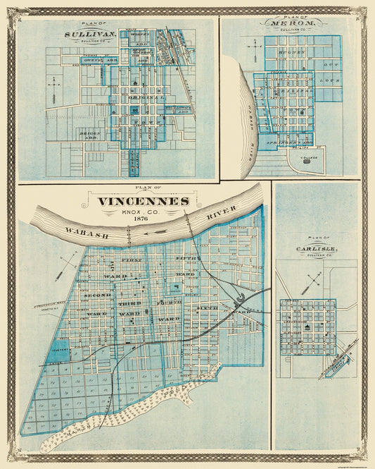 Historic City Map - Vincennes Sullivan Merom Carlisle Indiana - Baskin 1876 - 23 x 28 - Vintage Wall Art