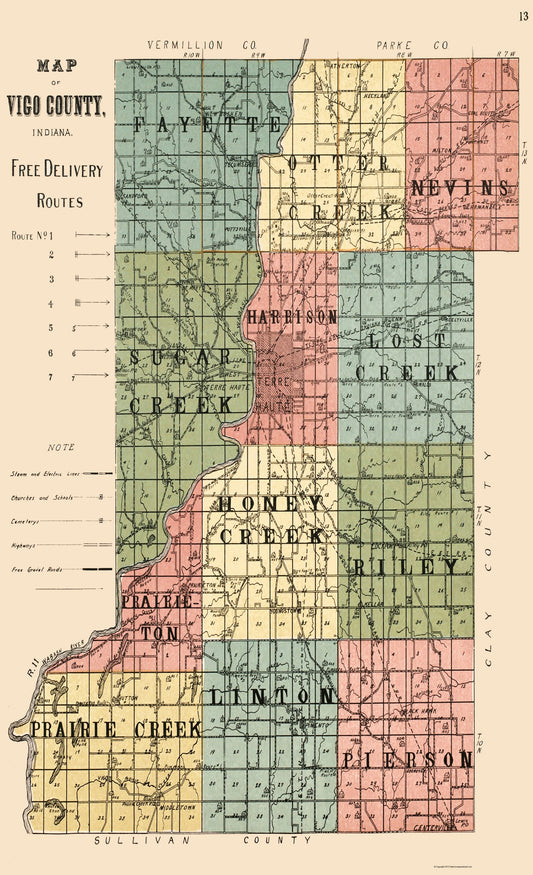 Historic County Map - Vigo County Indiana - Wisely 1907 - 23 x 37.78 - Vintage Wall Art