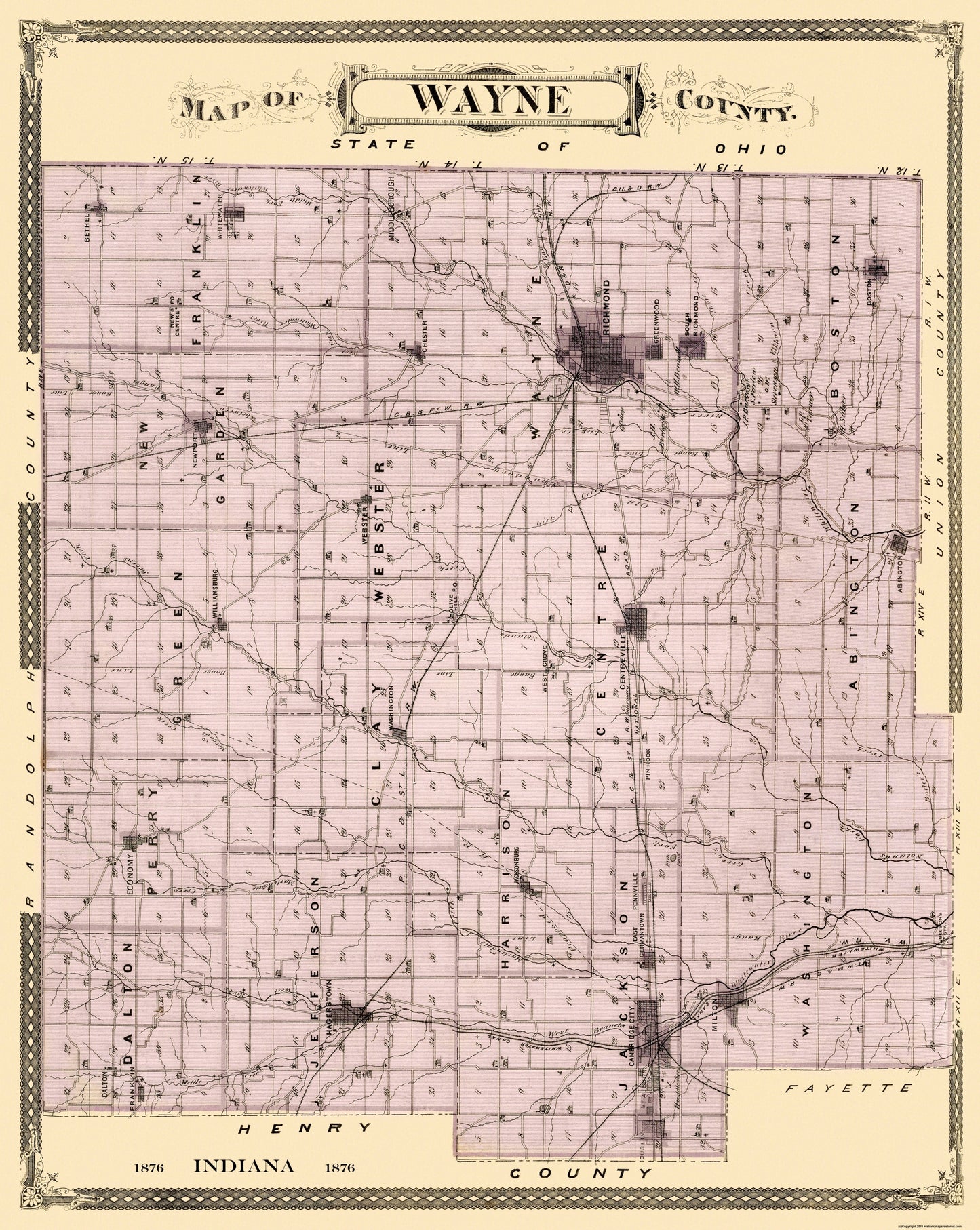 Historic County Map - Wayne County Indiana - Andreas 1876 - 23 x 28.88 - Vintage Wall Art