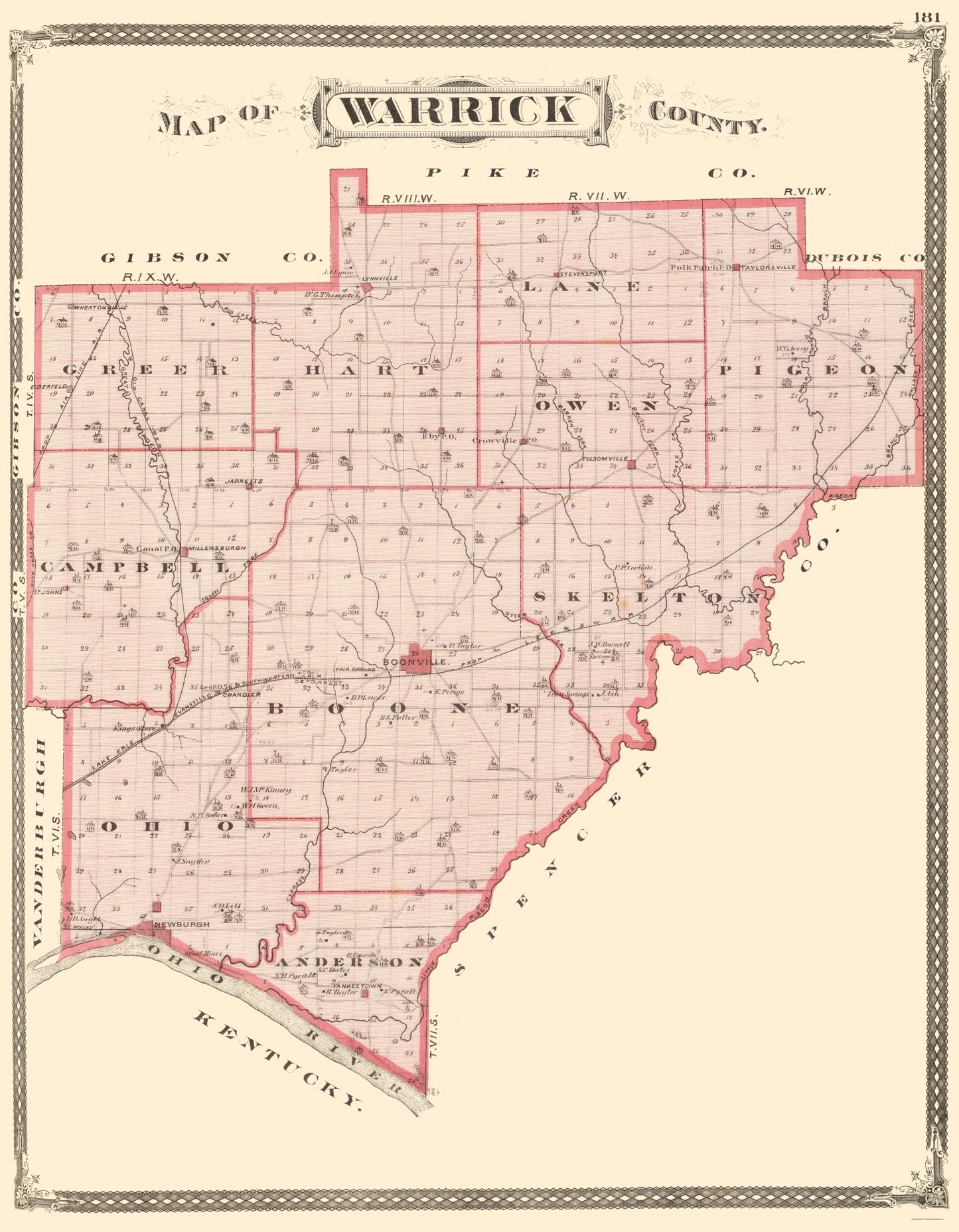 Historic County Map - Warrick County Indiana - Baskin 1876 - 23 x 29.53 - Vintage Wall Art