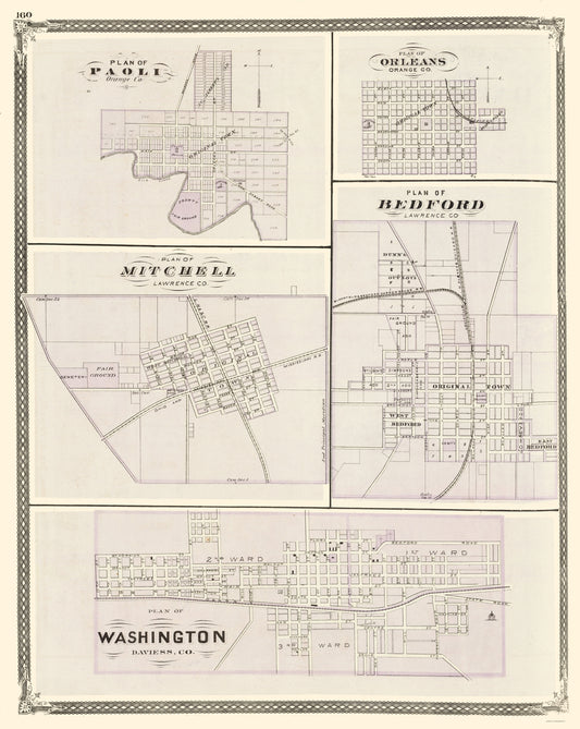 Historic City Map - Washington Paoli Orleans Bedford Mitchell Indiana - Baskin 1876 - 23x28 - Vintage Wall Art