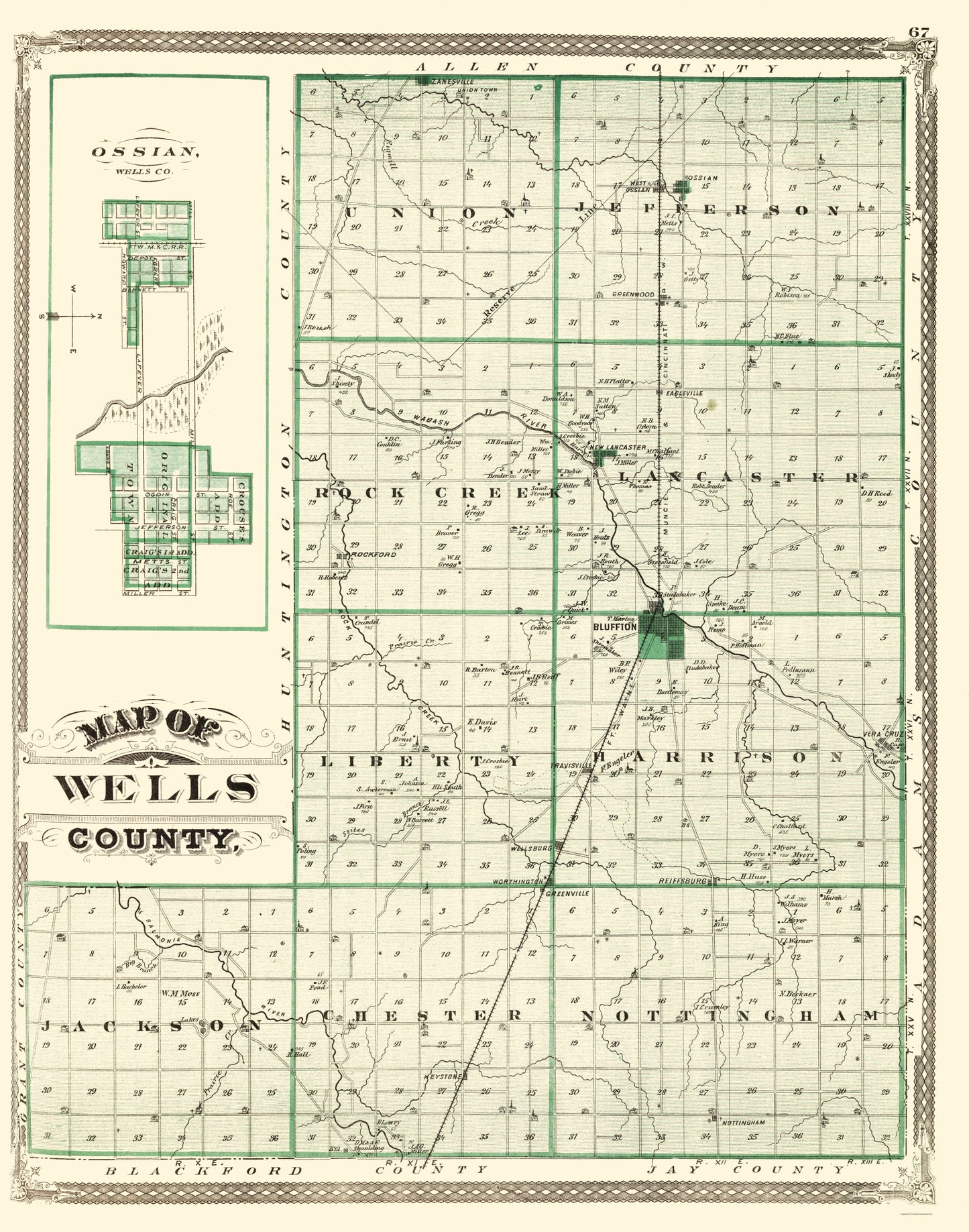 Historic County Map - Wells County Indiana - Baskin 1876 - 23 x 29.23 - Vintage Wall Art