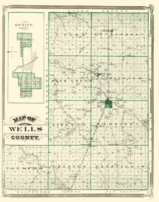 Historic County Map - Wells County Indiana - Baskin 1876 - 23 x 29.23 - Vintage Wall Art