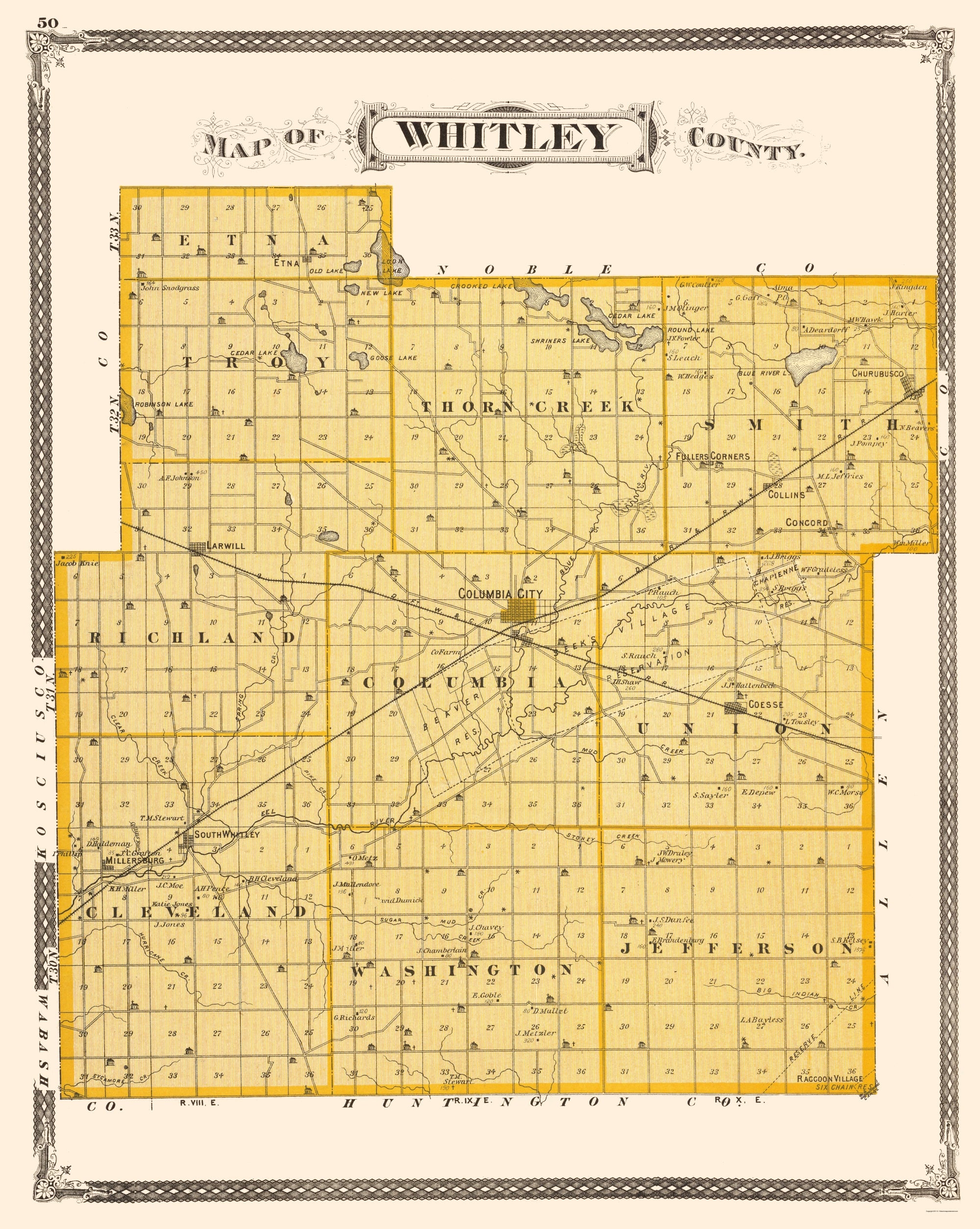 Historic County Map - Whitley County Indiana - Baskin 1876 - 23 x 28.8 ...