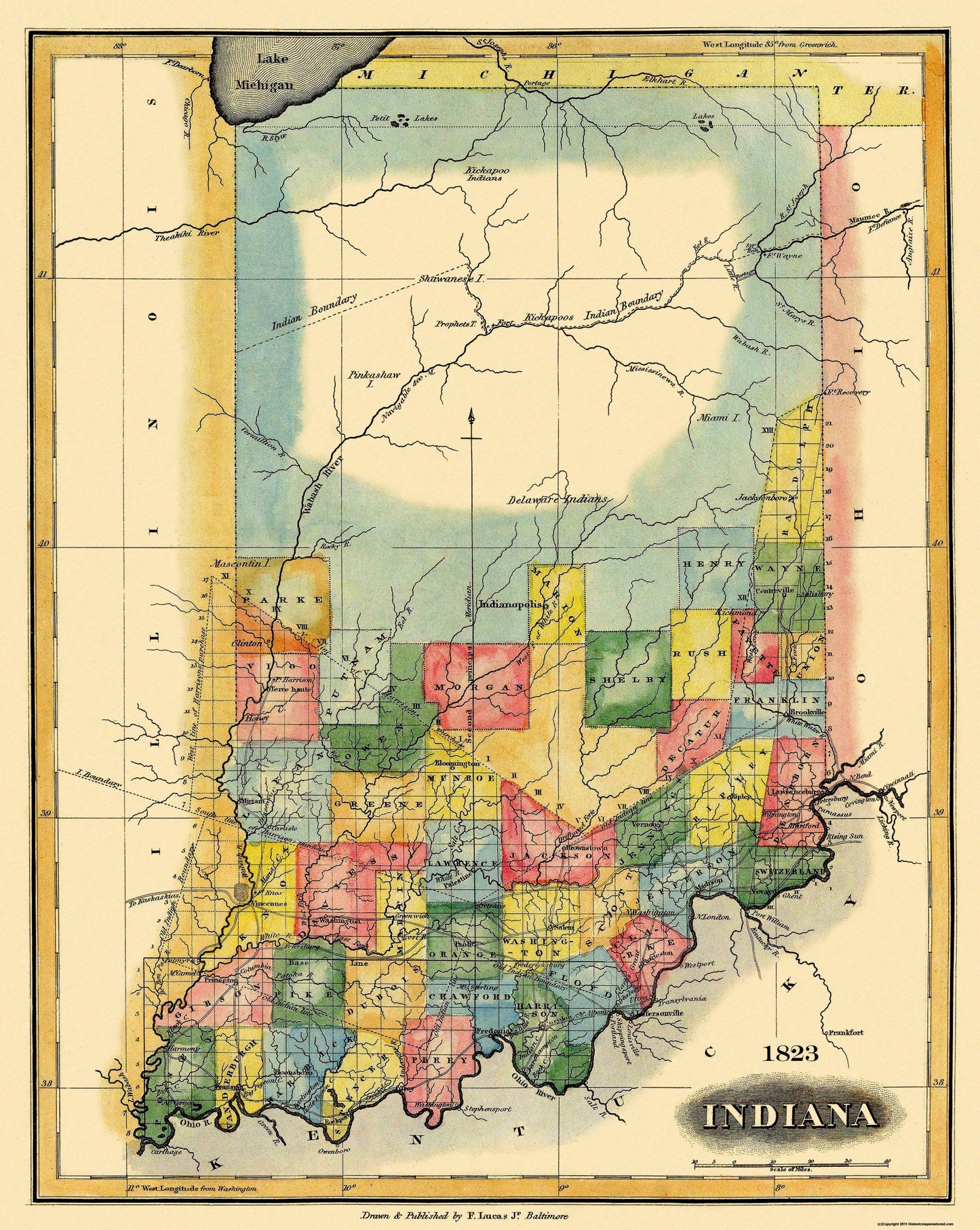 Historic State Map - Indiana - Lucas 1823 - 23 x 28.88 - Vintage Wall Art