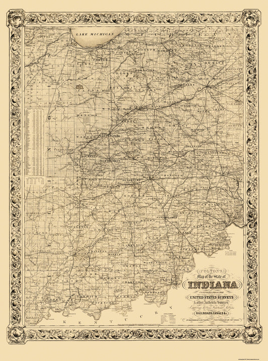 Railroad Map - Indiana - Colton 1860 - 23 x 31 - Vintage Wall Art