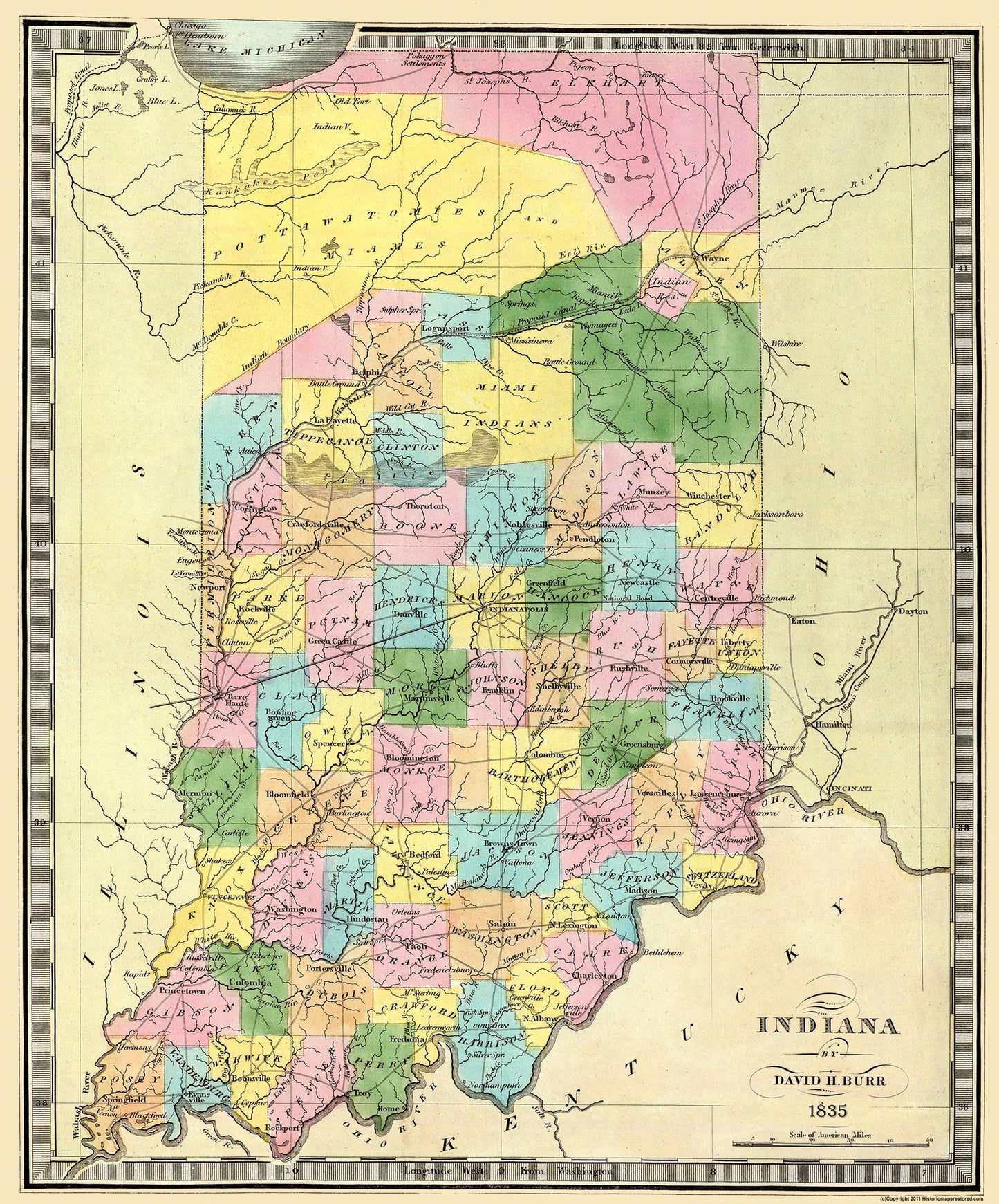 Historic State Map - Indiana - Burr 1835 - 23 x 27.69 - Vintage Wall Art