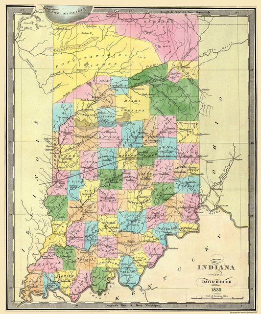 Historic State Map - Indiana - Burr 1835 - 23 x 27.69 - Vintage Wall Art