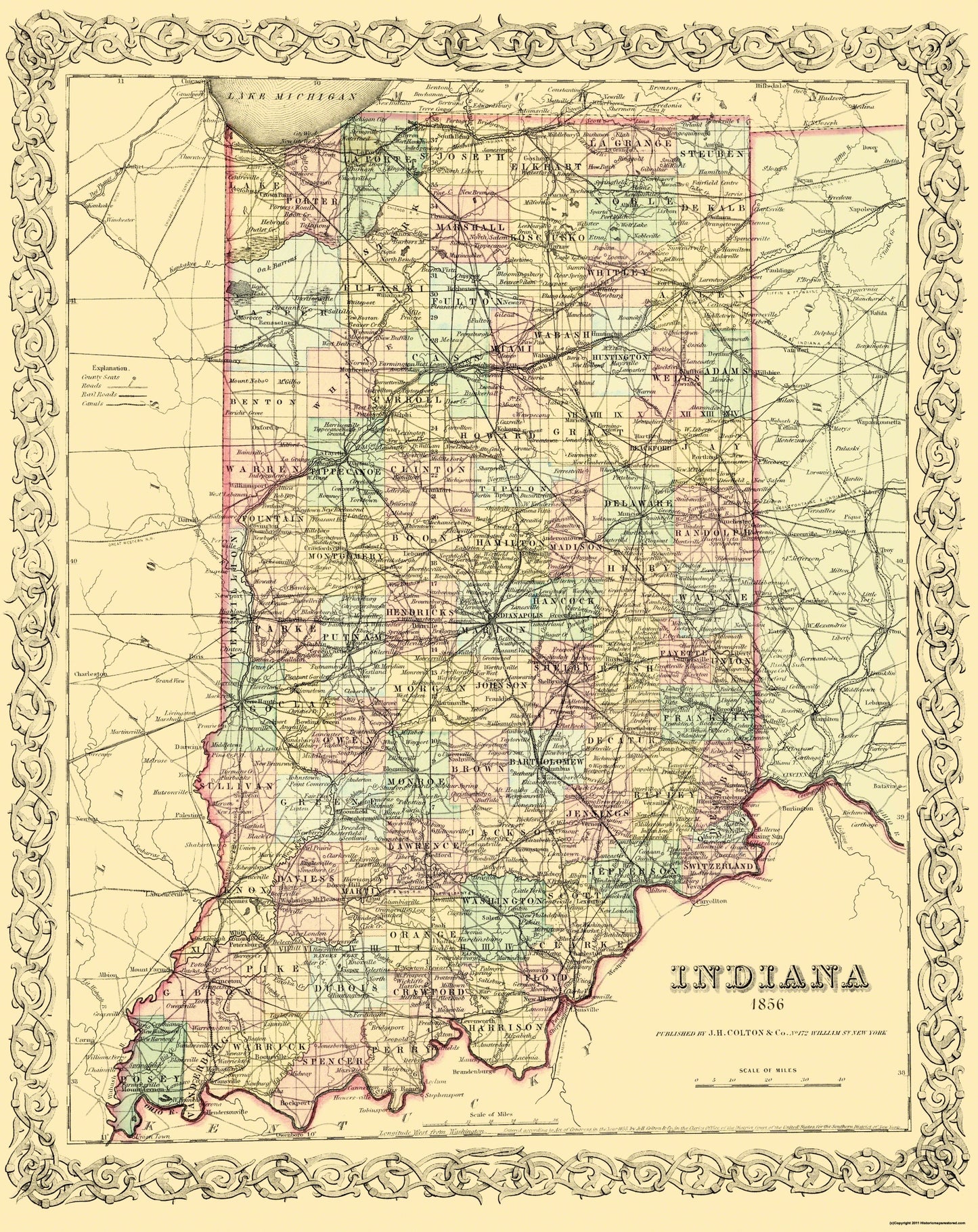 Historic State Map - Indiana - Colton 1856 - 23 x 29 - Vintage Wall Art