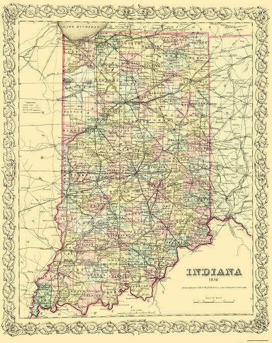 Historic State Map - Indiana - Colton 1856 - 23 x 29 - Vintage Wall Art