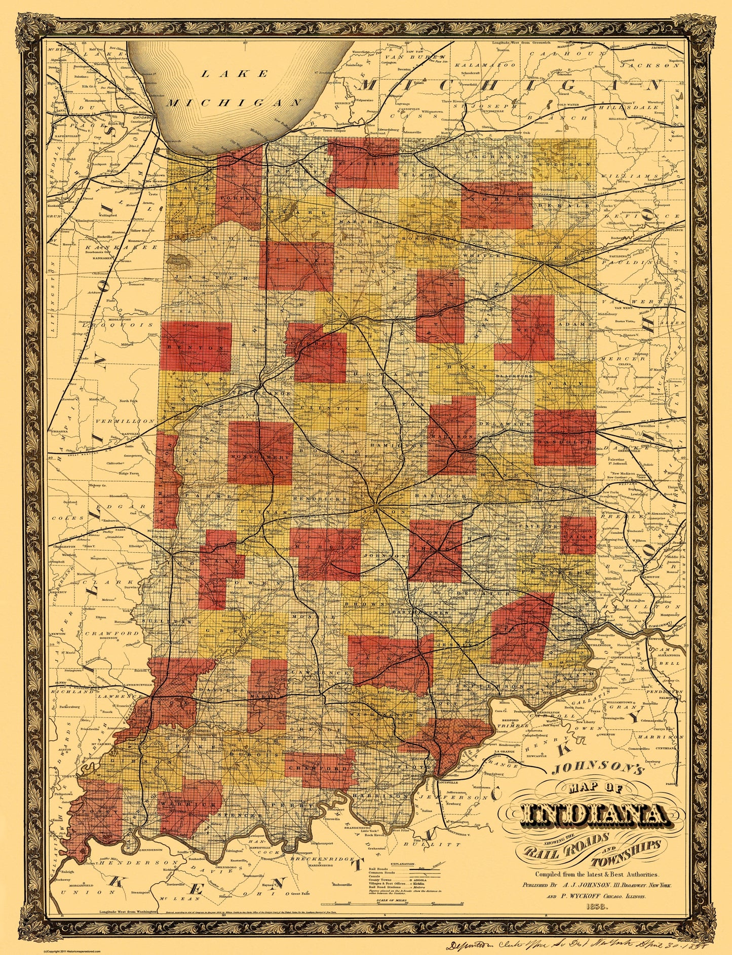 Historic State Map - Indiana - Johnson 1858 - 23 x 30 - Vintage Wall Art